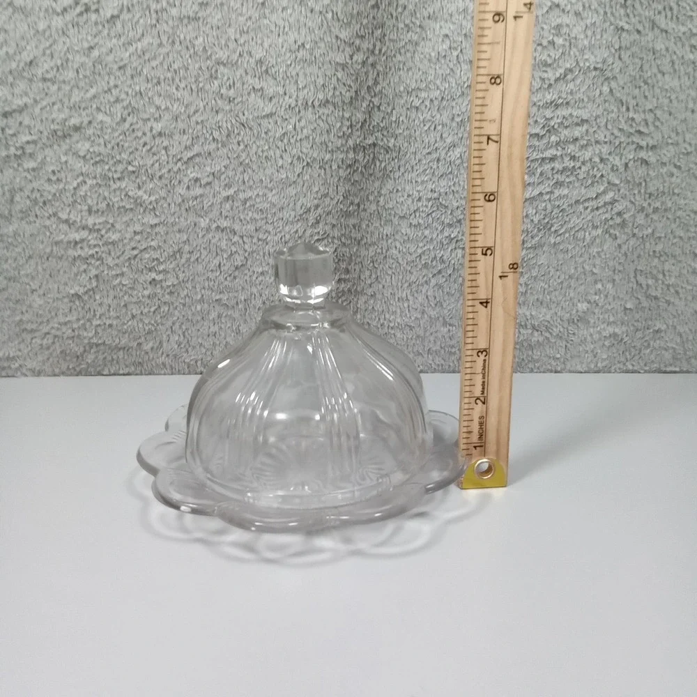 Vintage Clear‎ Pressed Glass Round Butter Dish Scalloped Starburst Dome Lid 7.5